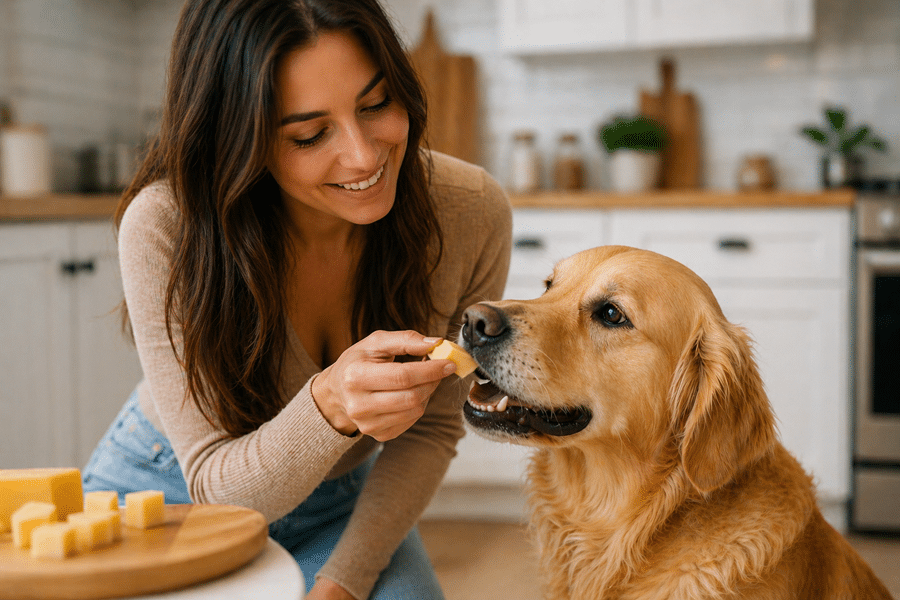 Woman in a bright kitchen feeds a cheese cube to a Golden Retriever, both smiling at each other on a wooden counter nearby.