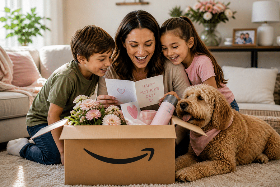 Family gathers on the living room floor, opening a gift box with flowers and a Mother's Day card while a dog looks on.