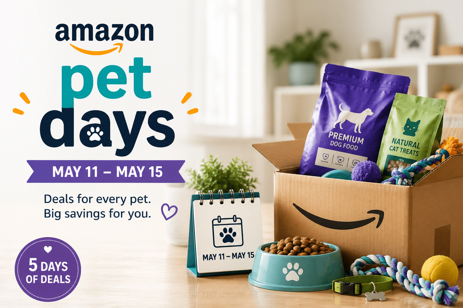 Amazon Pet Days promo banner with May 11–15 and pet supplies on a wooden floor box setup near a pet bowl and treats.