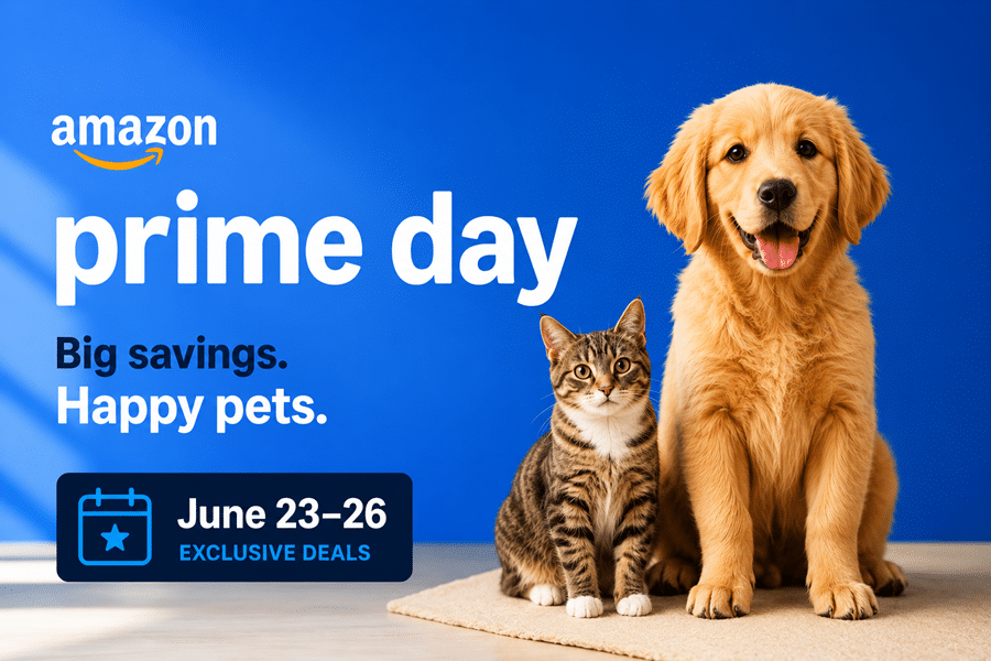 Amazon Prime Day banner with a golden retriever and a tabby kitten on a blue background; highlights June 23–26 exclusive deals for pets and all buyers.