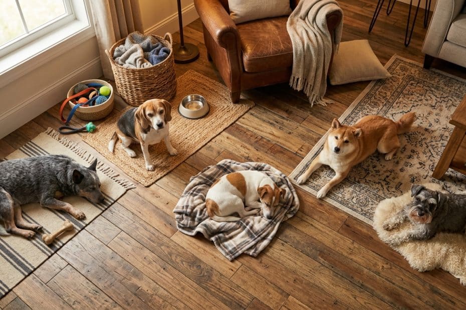 Cozy living room with five dogs resting on rugs and blankets; toys, a dog bed, and a wicker basket near the sunlit window.