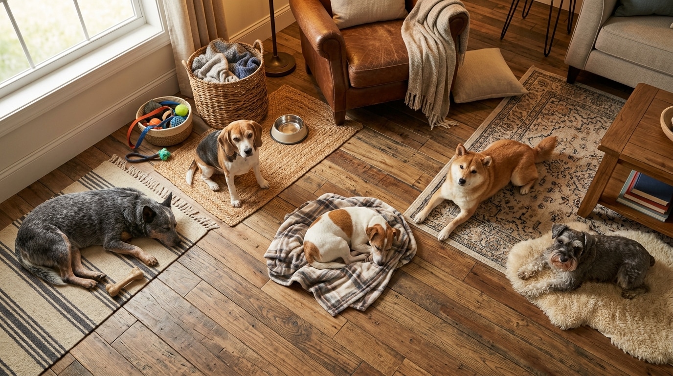 Cozy living room with five dogs resting on rugs and blankets; toys, a dog bed, and a wicker basket near the sunlit window.